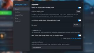 Baldur's Gate 3 Steam properties window with skip launcher command