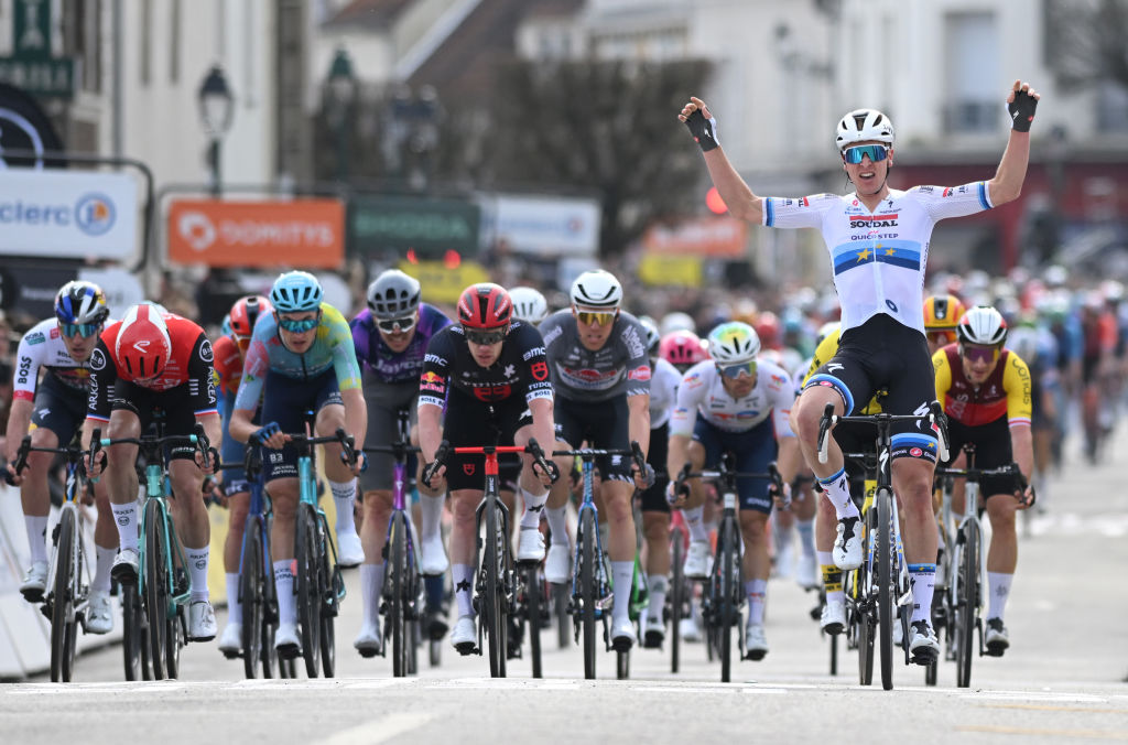 LE PERRAY-EN-YVELINES, FRANCE - MARCH 09: Tim Merlier of Belgium and Team Soudal Quick-Step celebrates at finish line as stage winner during the 83rd Paris - Nice 2025, Stage 1 a 156.1km stage from Le Perray-en-Yvelines to Le Perray-en-Yvelines / #UCIWT / on March 09, 2025 in Le Perray-en-Yvelines, France. (Photo by Dario Belingheri/Getty Images)