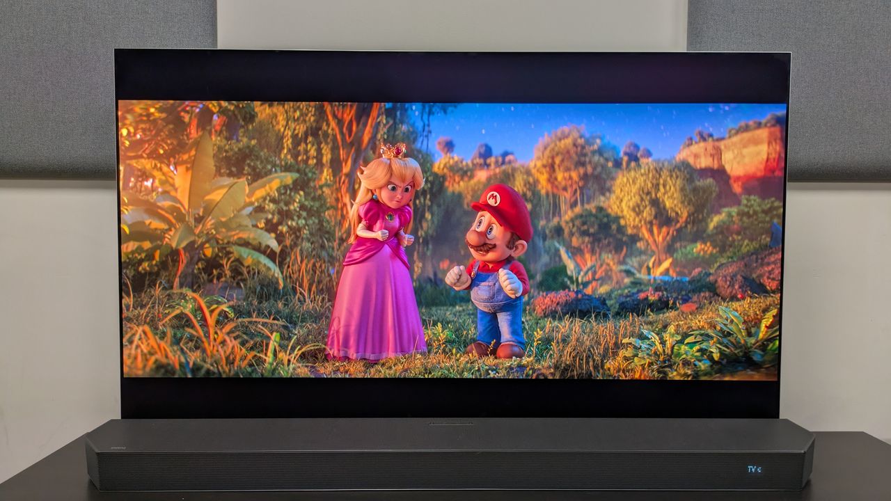 The Super Mario Galaxy Movie 4K Blu-ray on the LG G6 showing Peach and Mario talking, with Peach looking frustrated