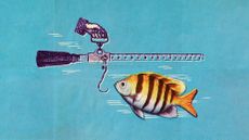 Collage of a vintage fish illustration swimming up towards a weighing device with a hook that looks like a fishing hook.