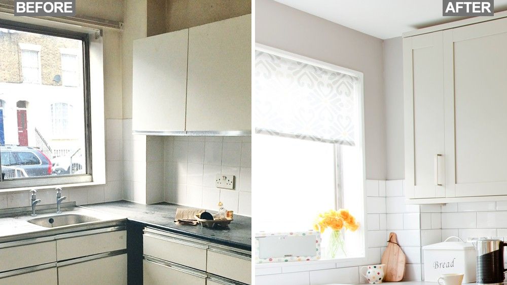 kitchen room with cabinet and white wall with tiles