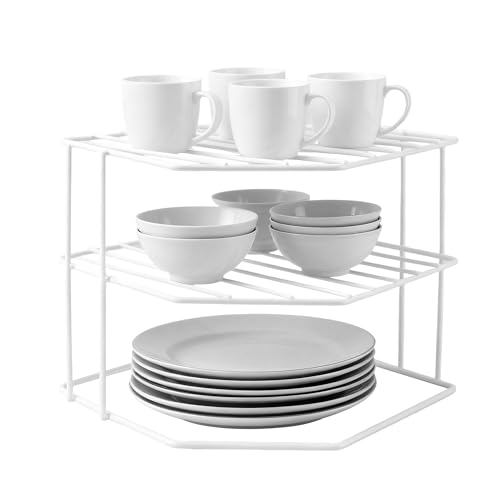 Jbesuhi 3-Tier Kitchen Corner Shelf Rack &amp;ndash; 8.9x8.9x7.5 Inch Metal Wire Counter &amp;amp; Cabinet Organizer, Pantry Kitchen Counter Storage Shelf and Organizer for Plates, Cups, Dishes (white)