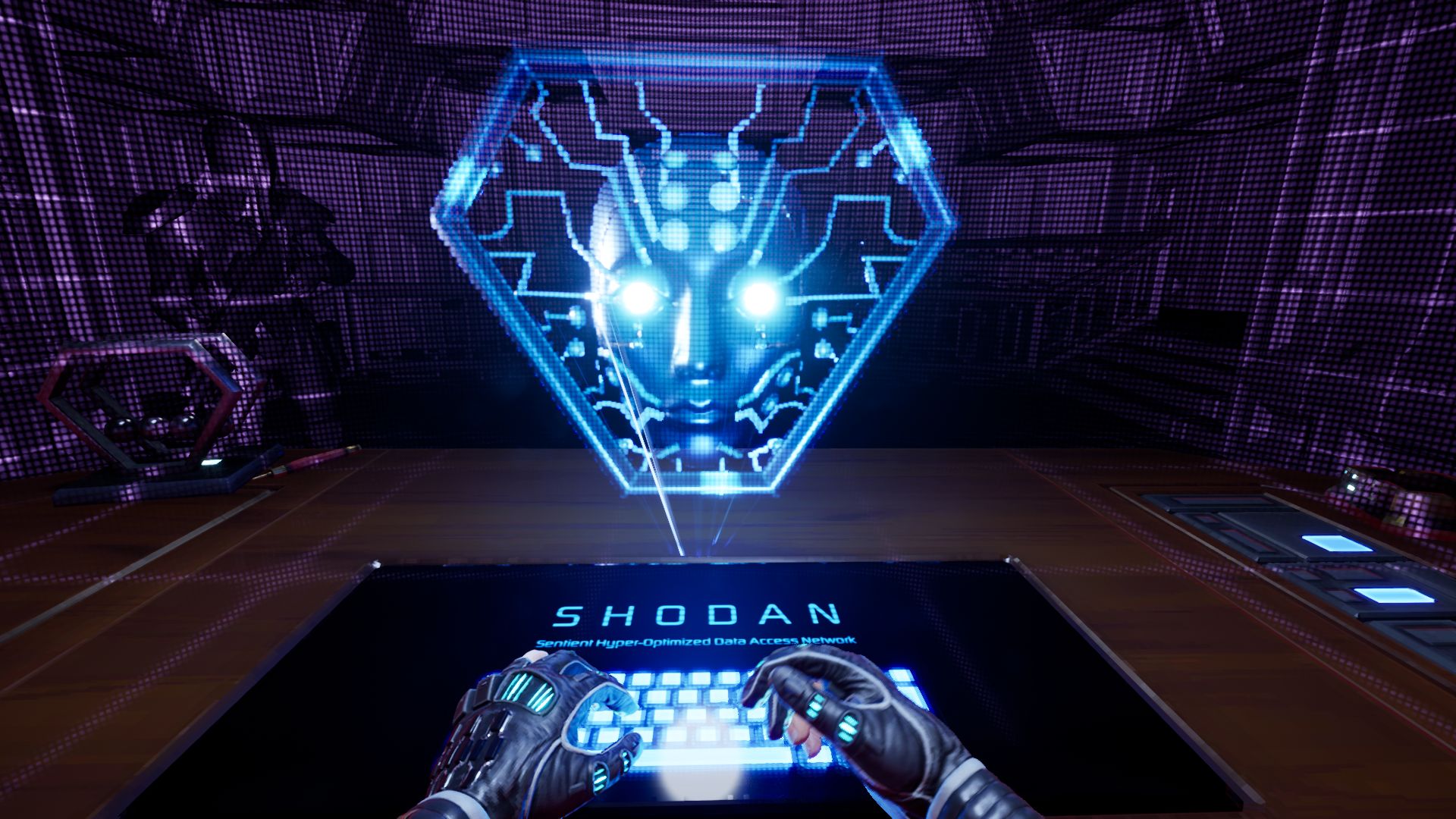 A glowing keyboard attached to an early version of the Shodan AI