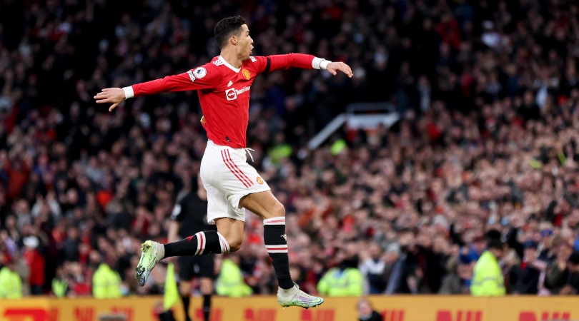 Cristiano Ronaldo celebrates scoring for Manchester United against Tottenham at Old Trafford.