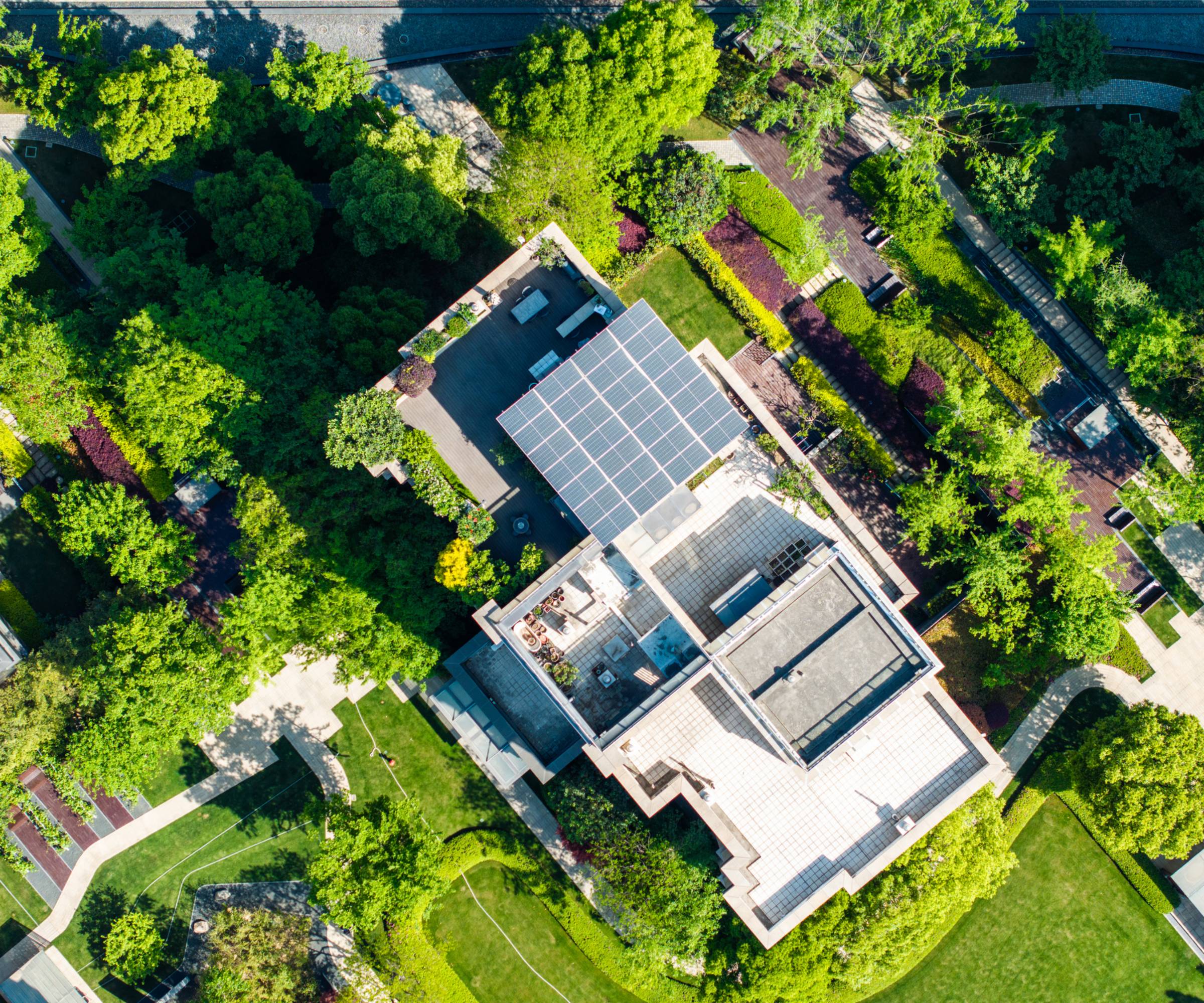 aerial view of house with solar panels
