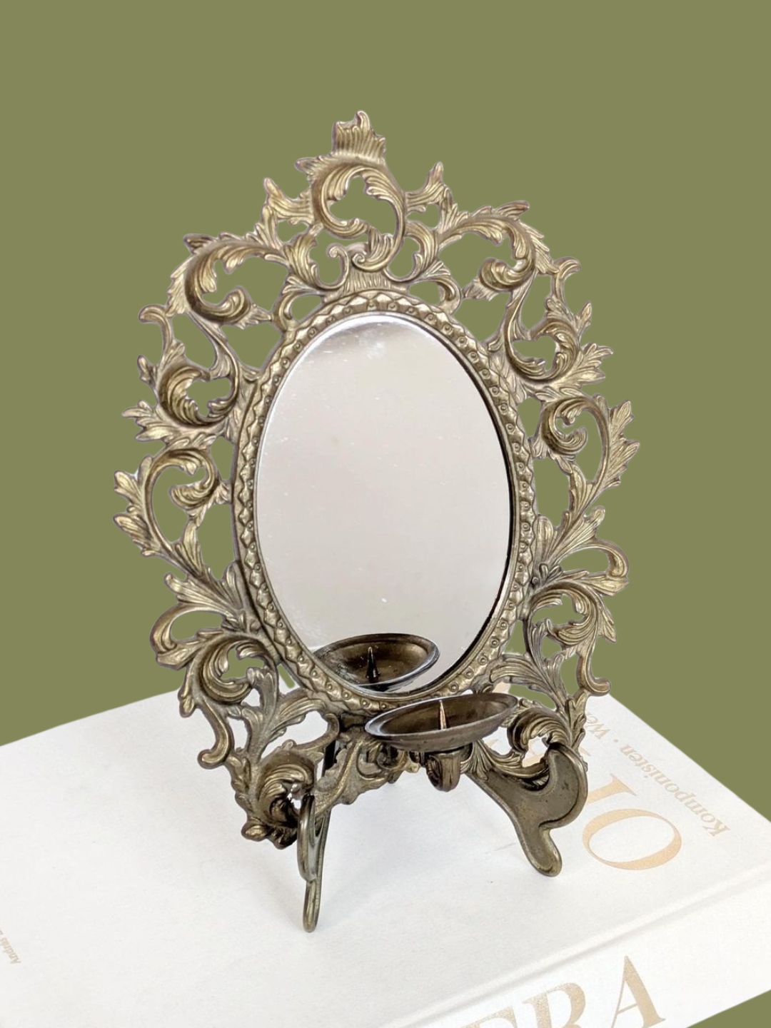 Vinterior, Vintage Brass Mirror Wall Sconce Ornate Botanical Candle Holder