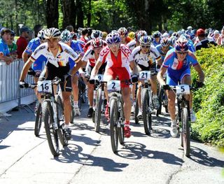 Julian Schelb (Germany), Marek Konwa (Poland) and Ondrej Cink (Czech Republic) at the front at the start of the U23 men's race