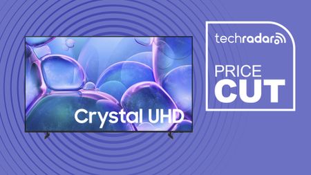 Samsung U7900F 65-inch 4K TV Crystal UHD on purple background with TechRadar price cut sign