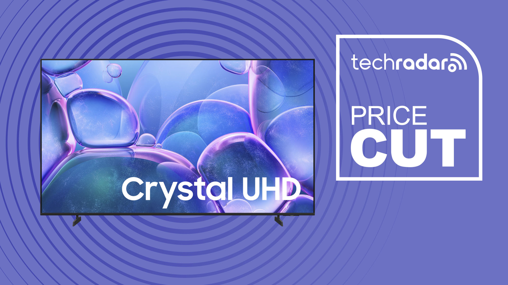 Samsung U7900F 65-inch 4K TV Crystal UHD on purple background with TechRadar price cut sign