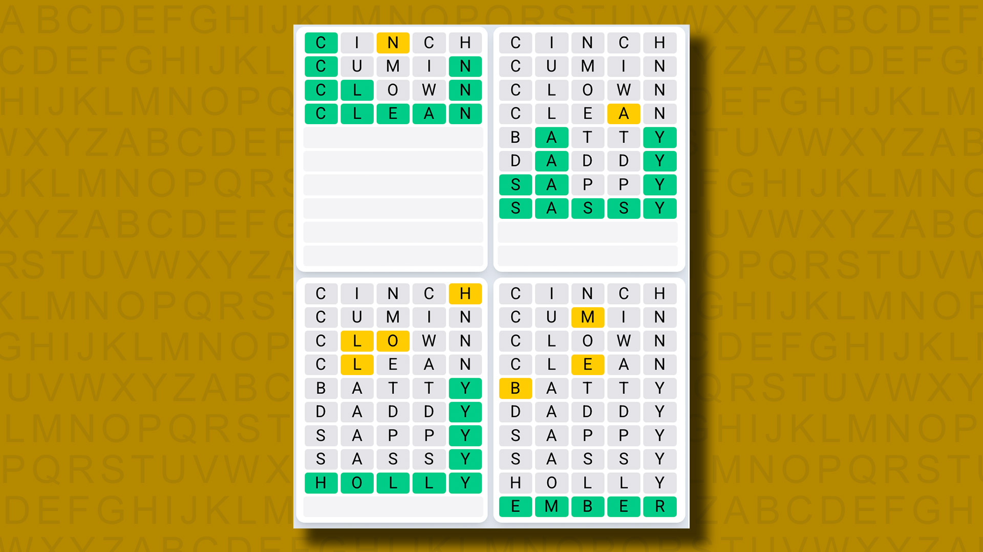 Quordle Daily Sequence answers for game 1271 on a yellow background