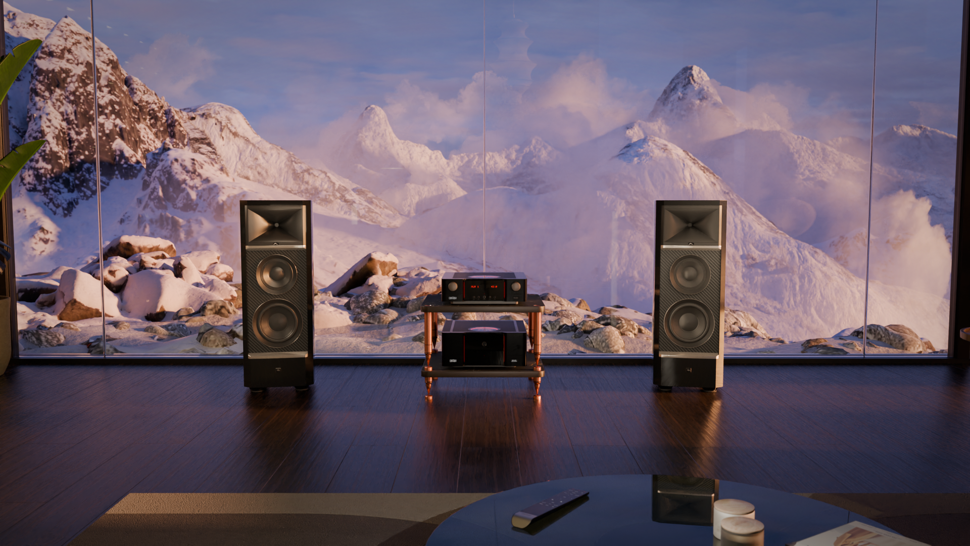 JBL Summit Pumori speakers with Mark Levinson electronics against backdrop of mountains