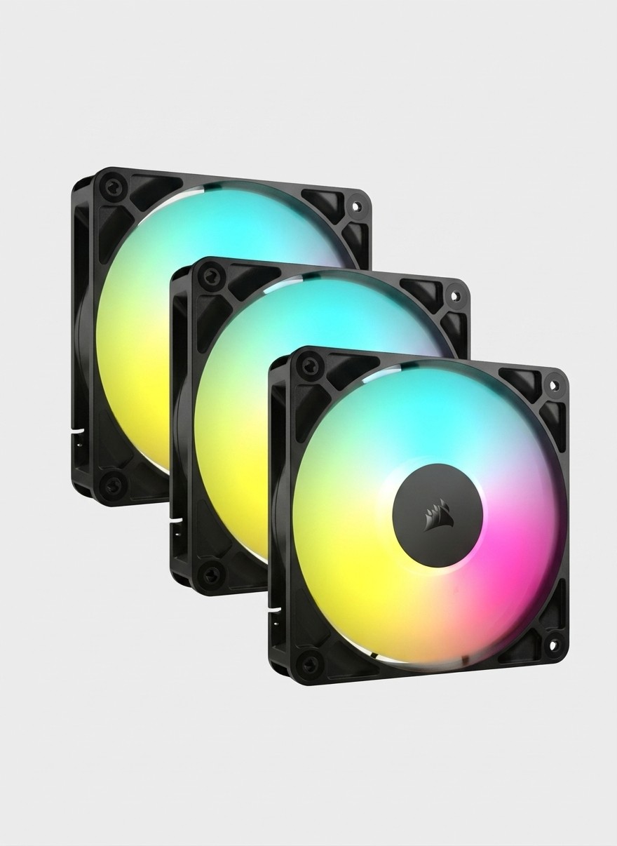 Three Corsair RS120 ARGB PC fans on a grey background