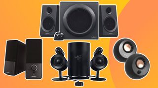 A product shot of the various best PC speakers on an orange background