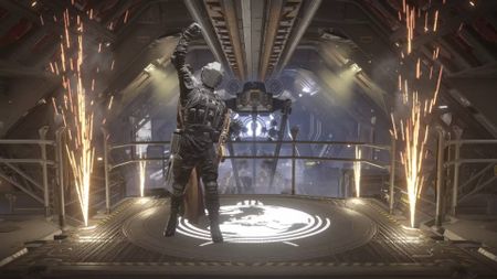 Helldivers 2 solo player triumphantly returning to super destroyer in celebration after completing a mission with sparklers going off on either side