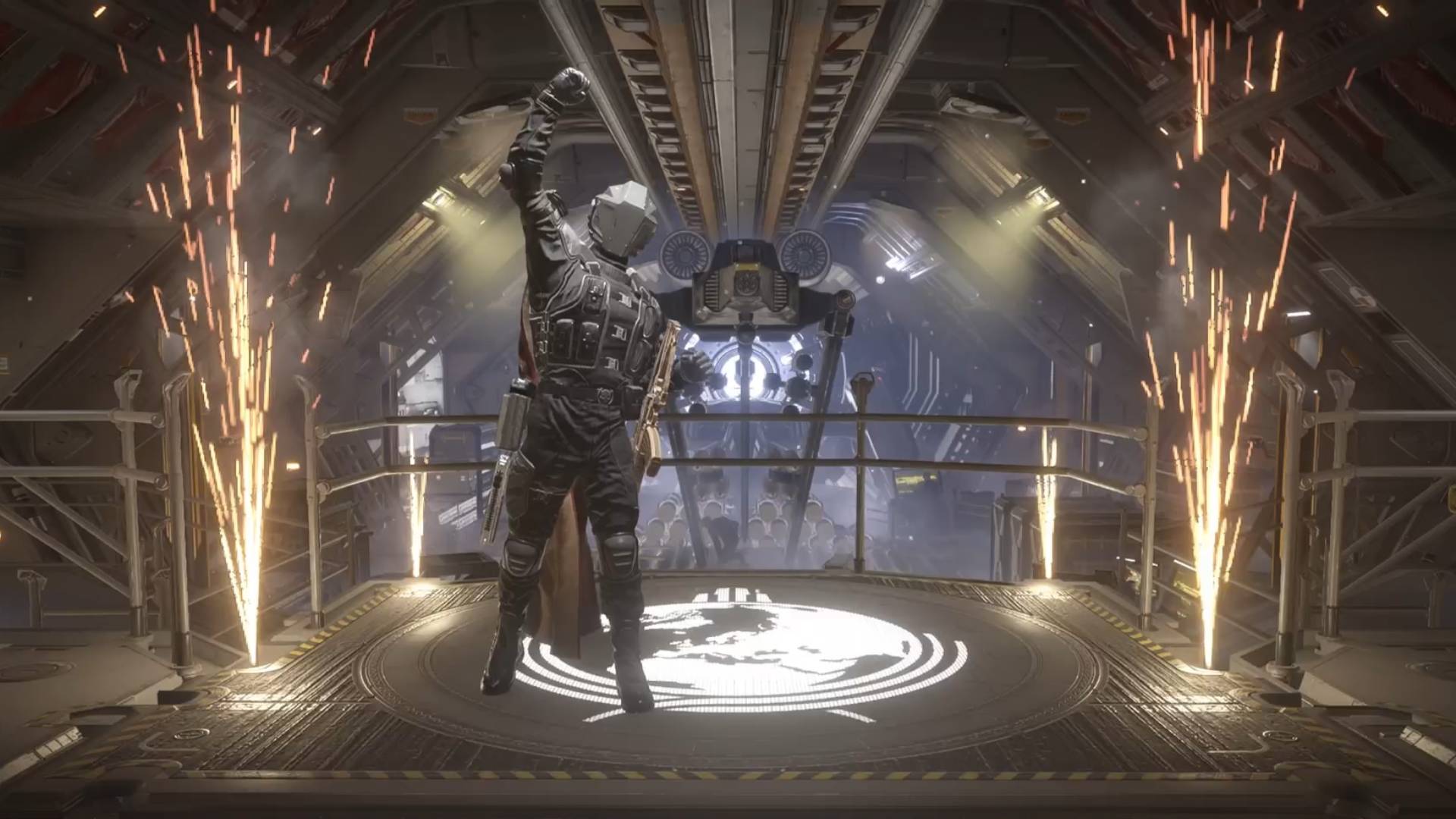 Helldivers 2 solo player triumphantly returning to super destroyer in celebration after completing a mission with sparklers going off on either side