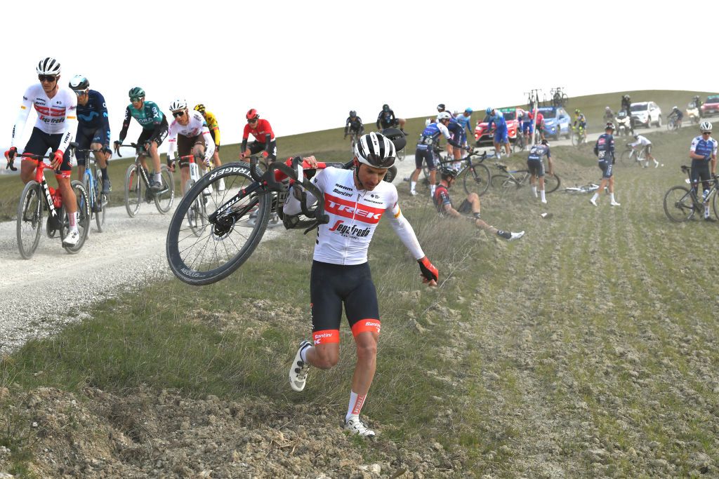 SIENA ITALY MARCH 05 Gianluca Brambilla of Italy and Team Trek Segafredo after being involved in a crash during the Eroica 16th Strade Bianche 2022 Mens Elite a 184km one day race from Siena to Siena Piazza del Campo 321m StradeBianche WorldTour on March 05 2022 in Siena Italy Photo by Tim de WaeleGetty Images