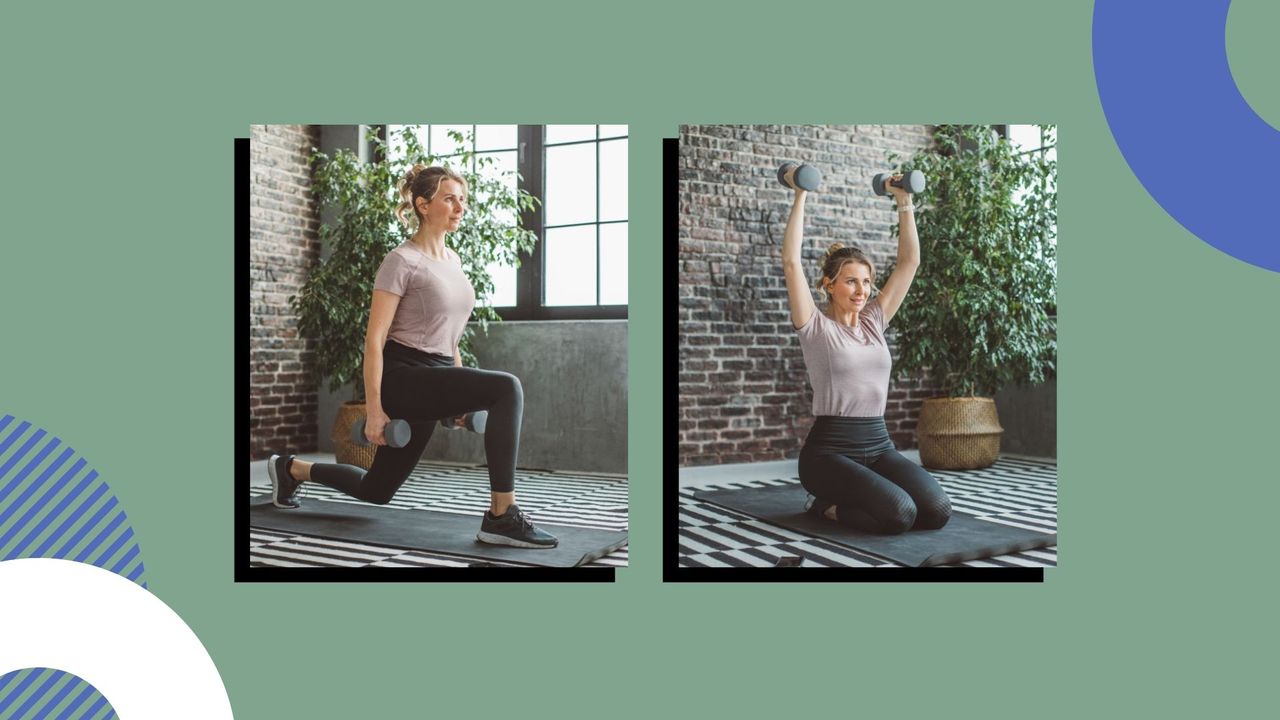 woman doing lunges and overhead presses with dumbbells on green background 