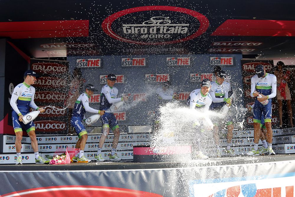 Orica-GreenEdge celebrate in force after winning the 2015 Giro's opening time trial.