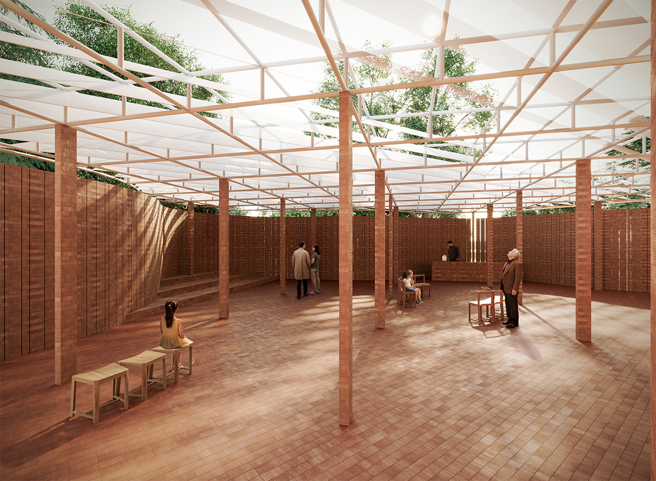 Serpentine Pavilion 2026 by Lanza atelier, renders showing brick structure in a park