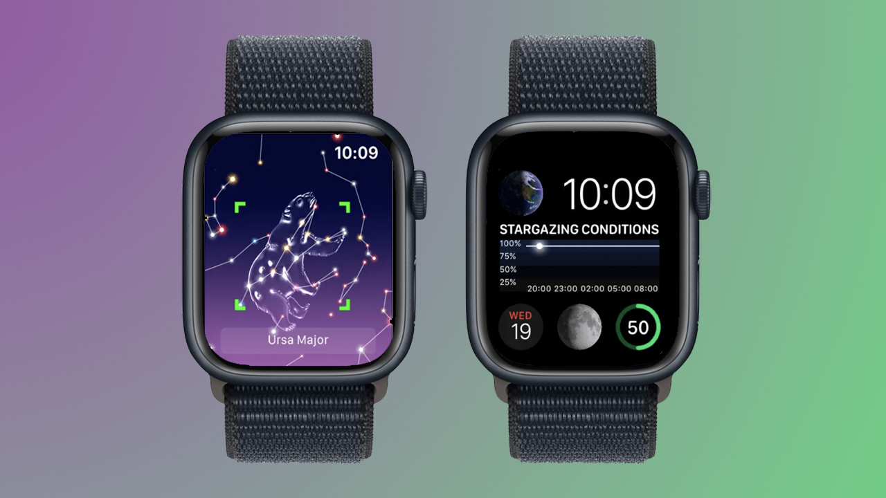 Screenshots of the Night Sky app on Apple Watch