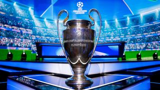 The UEFA Champions League trophy is seen on the stage ahead of the UEFA Champions League 2025/26 League Phase Draw at Grimaldi Forum on August 27, 2025 in Monaco, Monaco.
