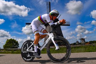 Bjerg wearing the rainbow stripes at the 2019 European Championships U23 time trial