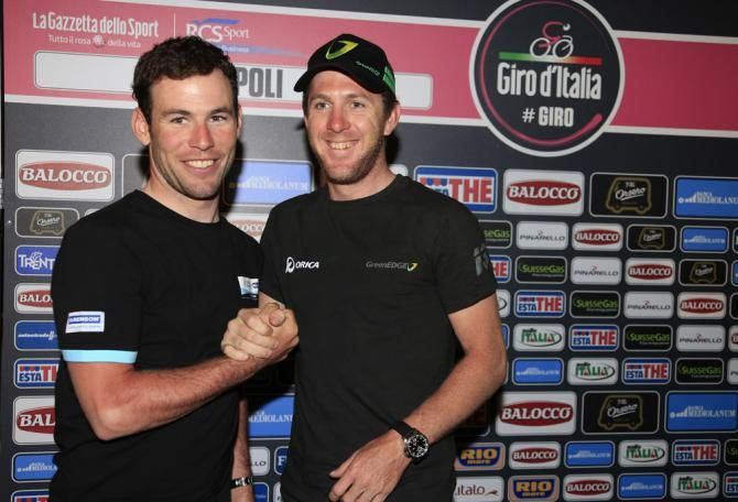 Mark Cavendish (Omega Pharma-QuickStep) and Matt Goss (Orica-GreenEdge) at the pre-Giro press conference