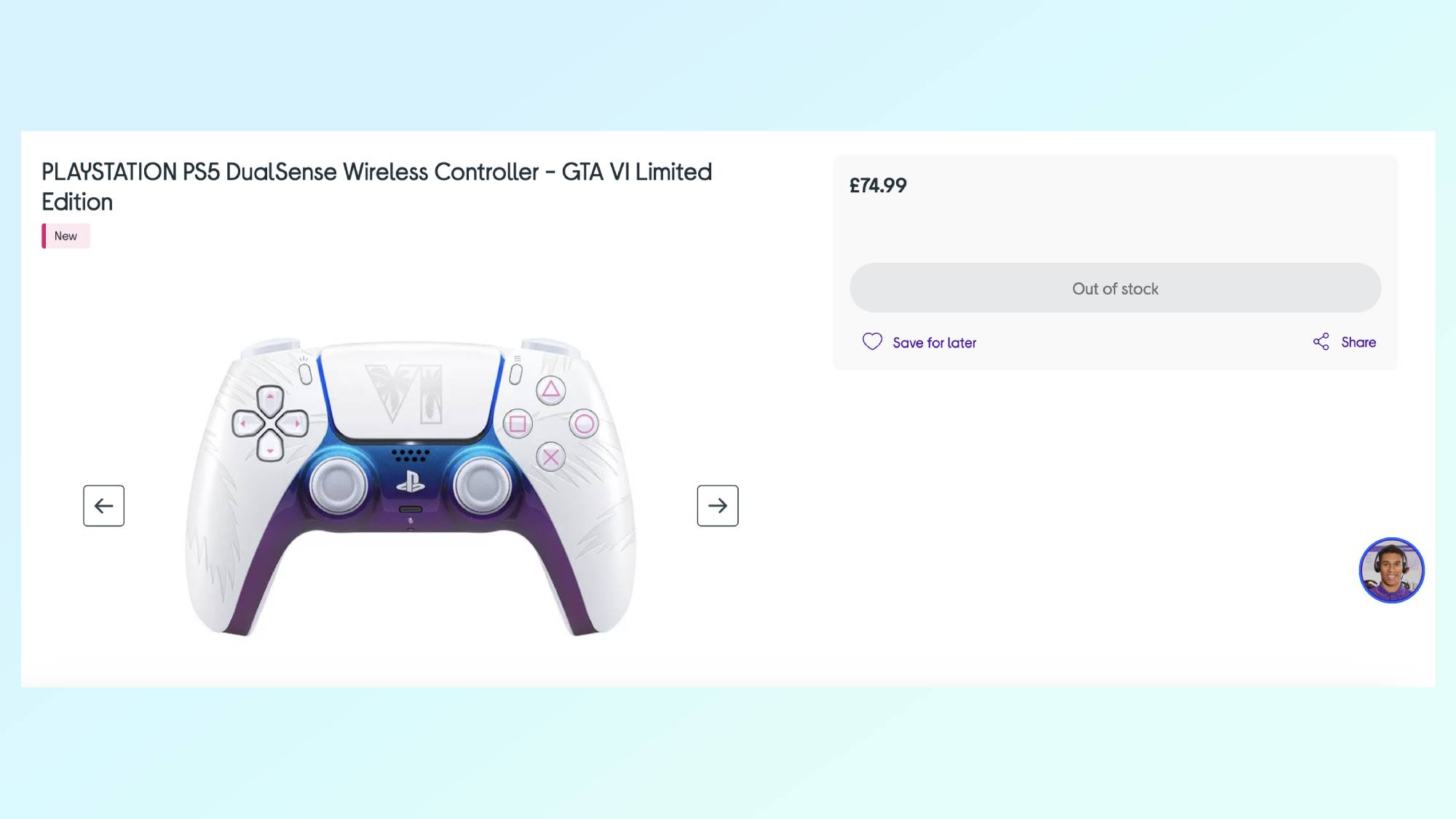 Currys listing page for the GTA 6 DualSense showing an "out of stock" message