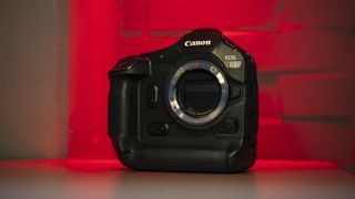 Canon EOS R1 mirrorless camera with red brick background