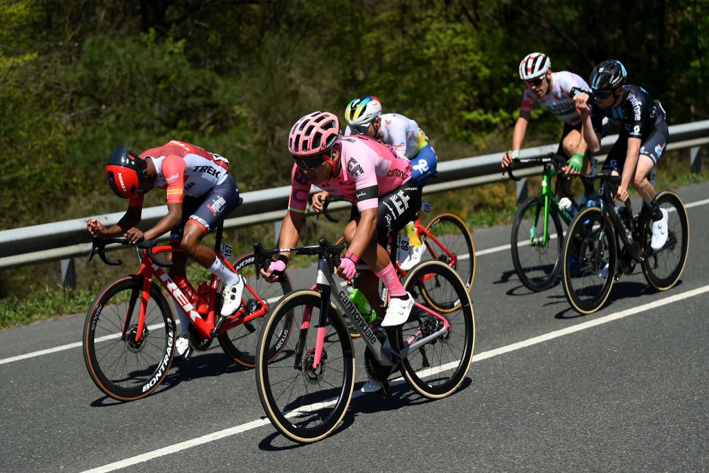 SANTURTZI SPAIN APRIL 06 A general view of Harm Vanhoucke of Belgium and Team DSM Jonathan Caicedo of Ecuador and Team EF EducationEasypost Natnael Tesfazion of Eritrea and Team Trek Segafredo Jon Barrenetxea Golzarri and Team Caja RuralSeguros RGA Polka dot Mountain Jersey and Alan Jousseaume of France and Team TotalEnergiescompete in the breakaway during the 62nd Itzulia Basque Country Stage 4 a 1757km stage from Santurtzi to Santurtzi UCIWT on April 06 2023 in Santurtzi Spain Photo by David RamosGetty Images