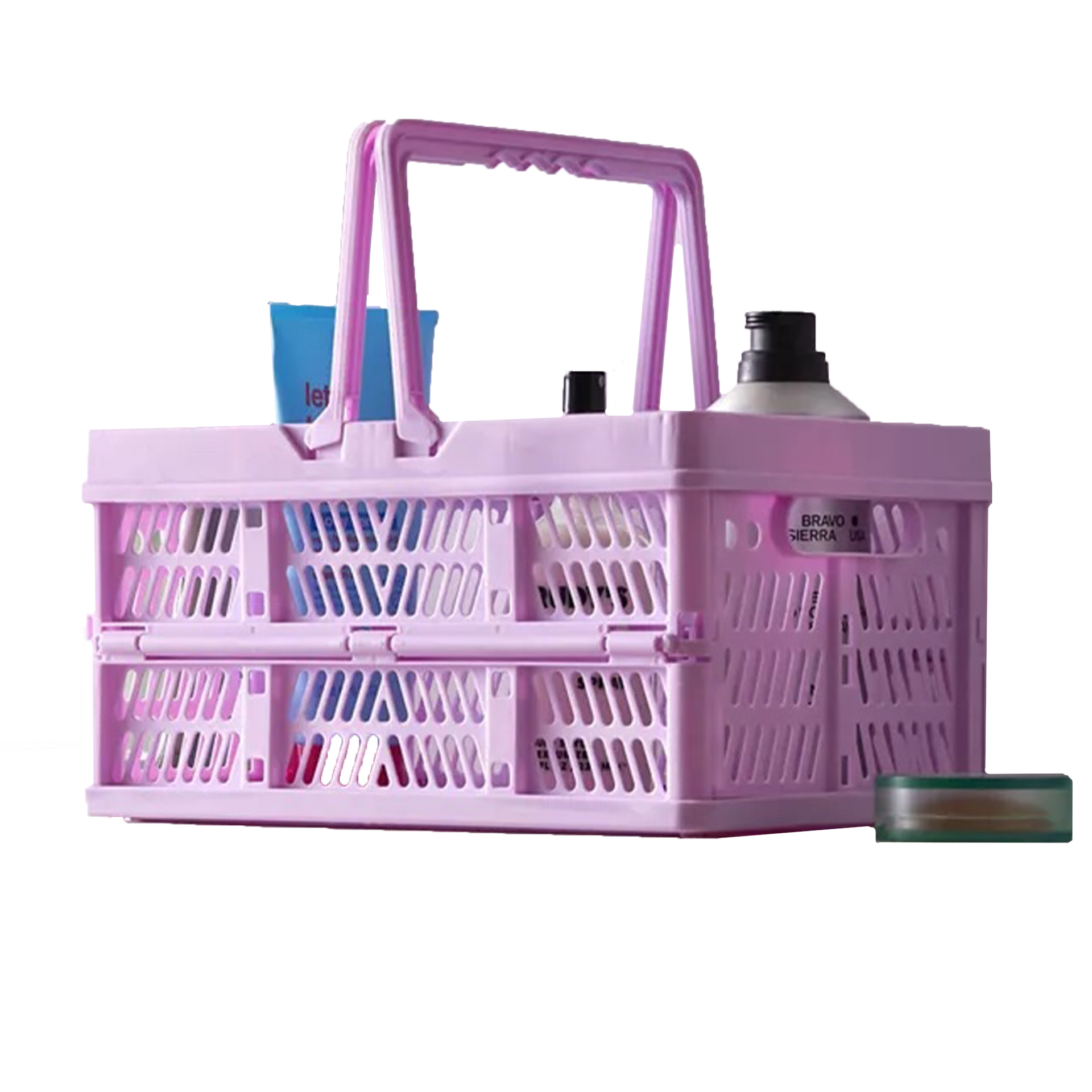Kotak penyimpanan berwarna lavender yang dapat diubah menjadi caddy kamar mandi