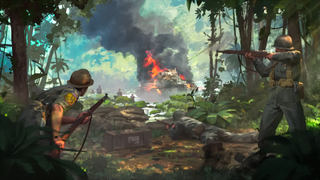 Two soldiers fight in a jungle in artwork for Hearts of Iron 4's Trial of Allegiance DLC.