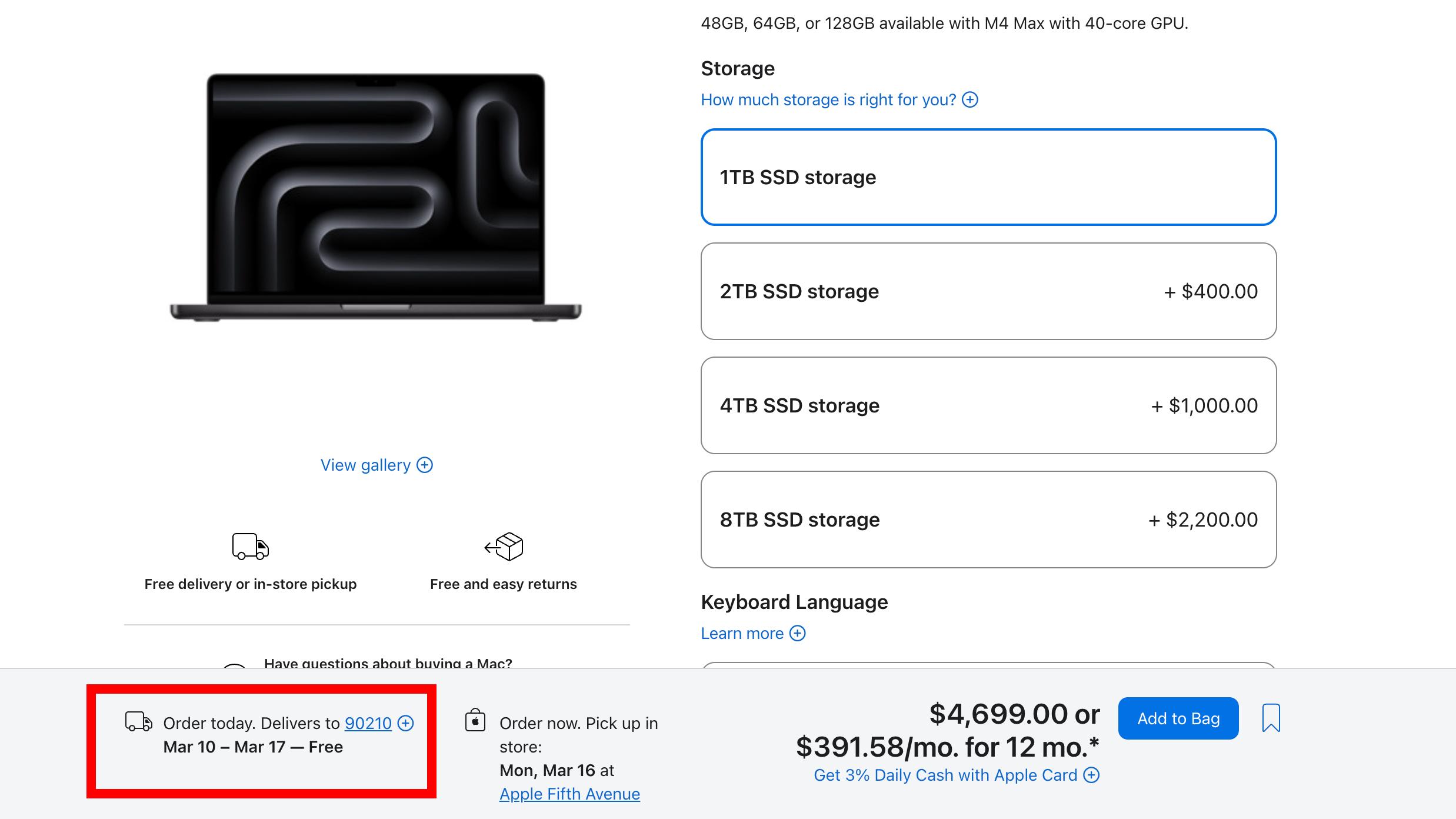 Screenshot of MacBook Pro listing page with shipping date highlighted in red box on Apple website