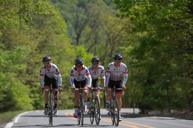 The young Hincapie Development squad rides through the scenic Devil's Den State Park following stage one.