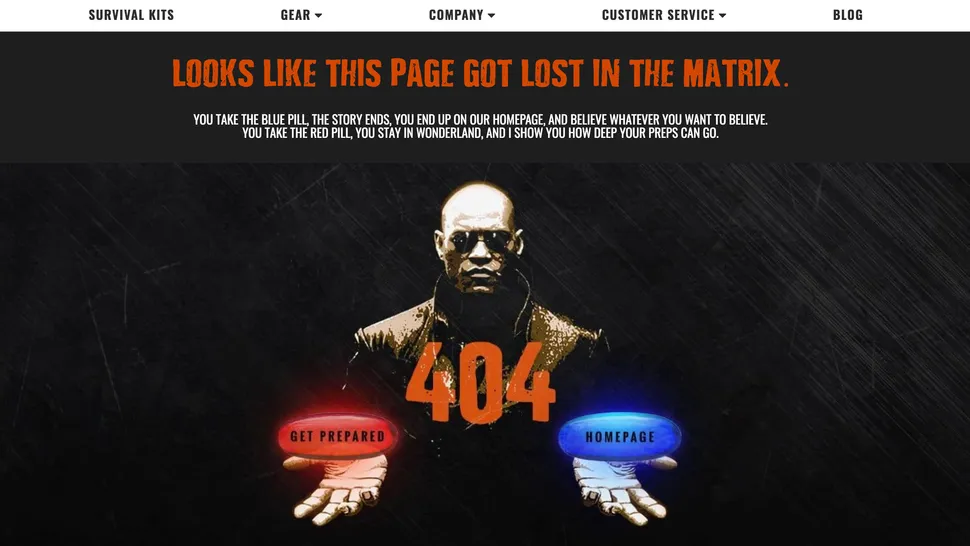 fun 404 page with options about how to recover