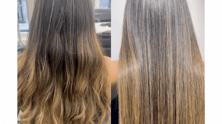 On the left, is a video/gif of Digital Beauty Editor, Aleesha Badkar's wavy hair before the Smoothfiller demi-permanent treatment from Wella Professionals and on the right is a video/gif of her hair directly afterwards - looking straight, sleek and very shiny.