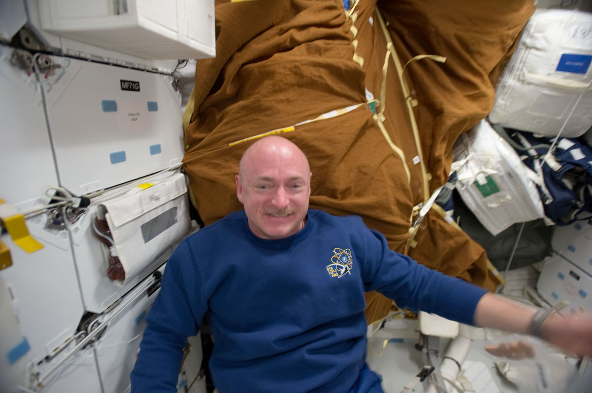 NASA astronaut Mark Kelly, STS-134 commander, is pictured on the middeck of space shuttle Endeavour while docked with the International Space Station on May 23, 2011 during the shuttle&#039;s final mission.