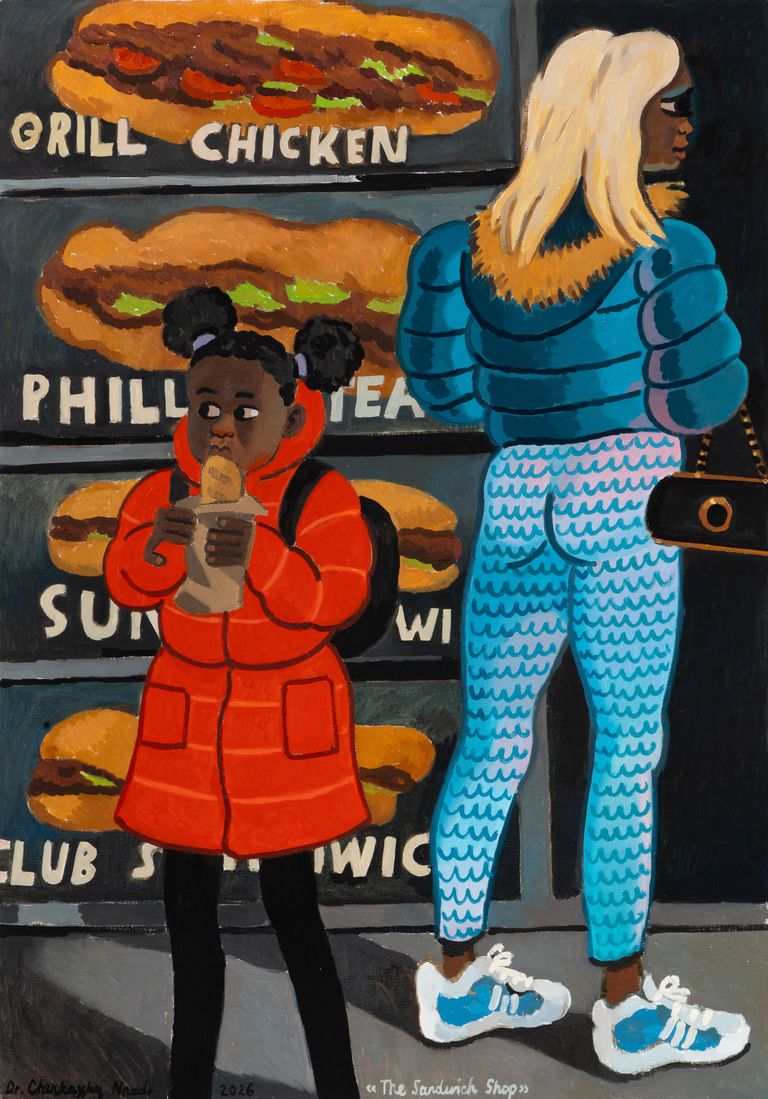 Painting of woman and girl in sandwich shop