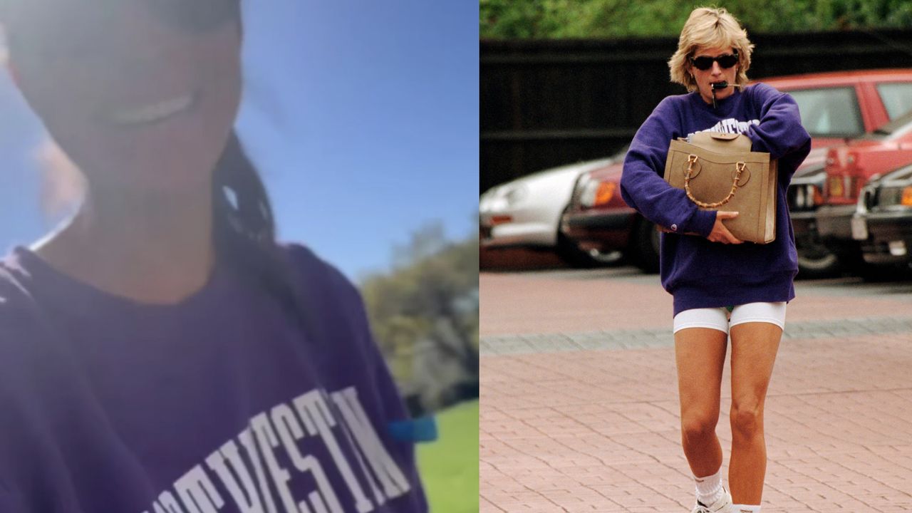 Meghan Markle wearing a purple Northwestern sweatshirt and sunglasses outside with trees behind her next to a photo of Meghan Markle wearing the same sweatshirt and white shorts walking through a parking lot