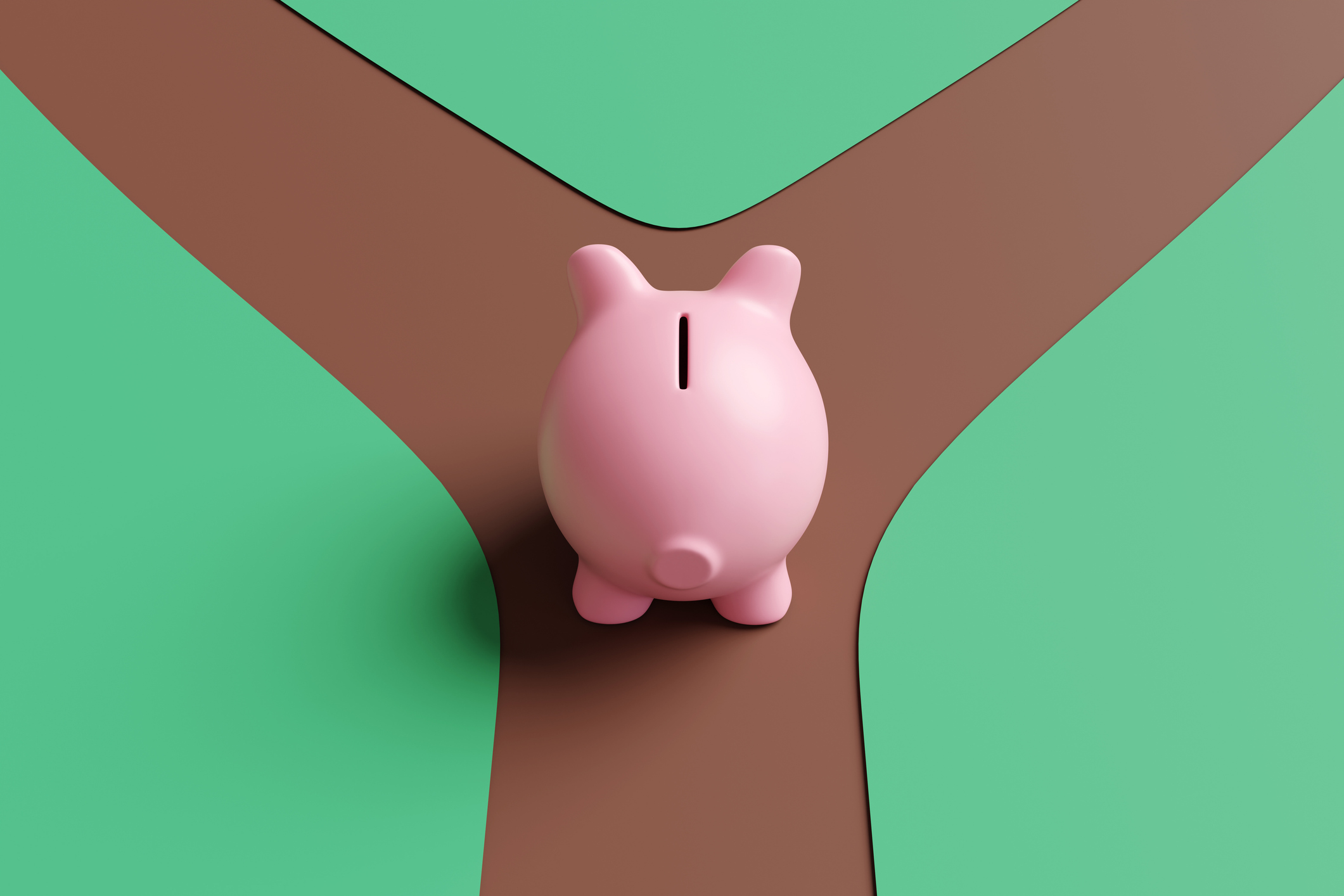 a piggy bank approaching a fork in the road