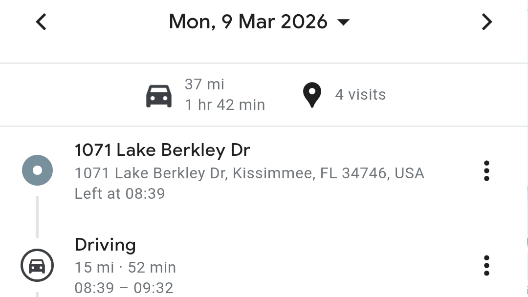 Google Maps screenshot showing the timeline for Monday 9 March 2026.