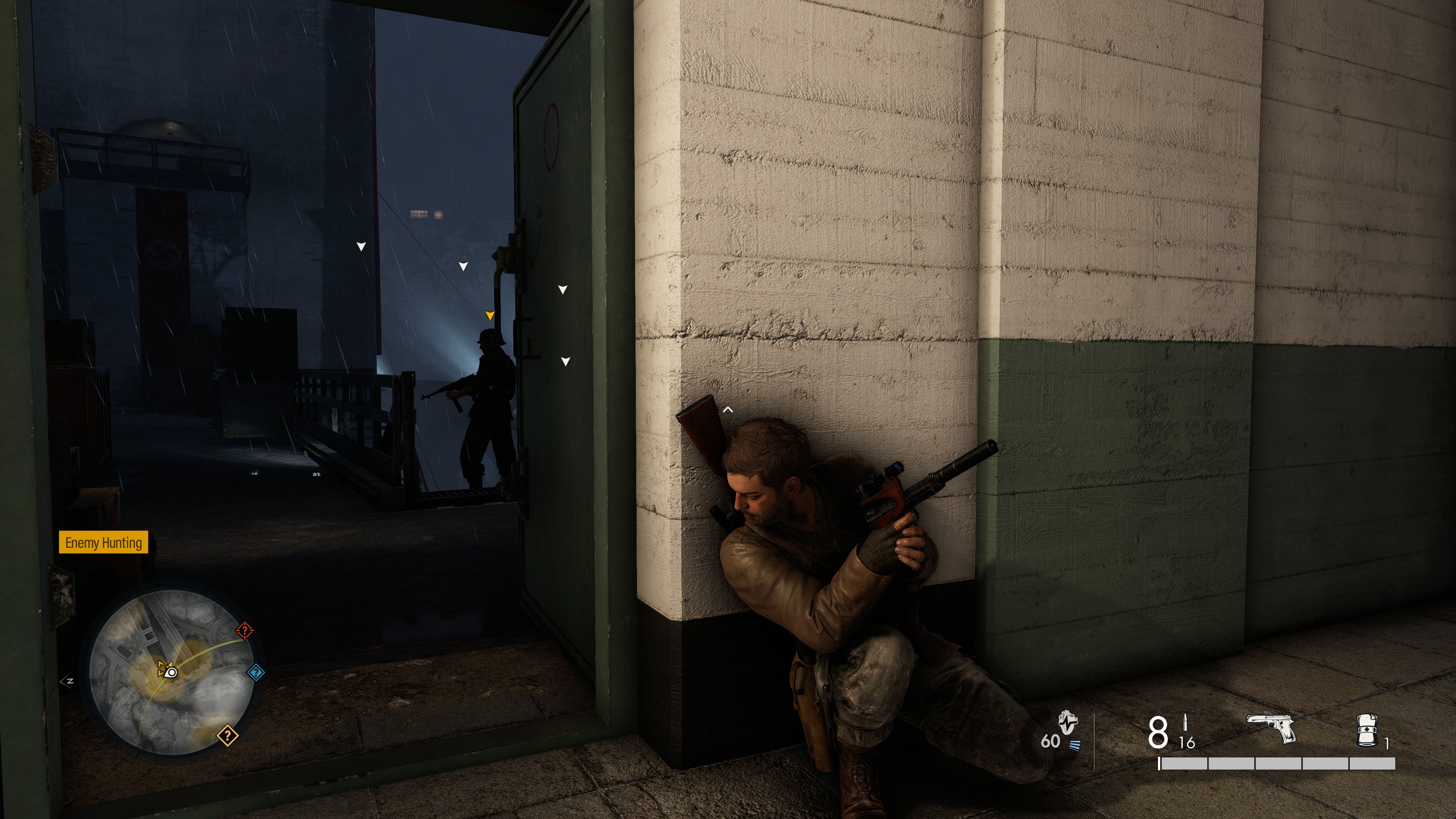 Harry Hawker, the protagonist of Sniper Elite: Resistance, peeks around a corner and prepares to shoot a nazi.