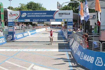 Annika Langvad (Denmark) wins the women's marathon world championship in Montebelluna, Italy