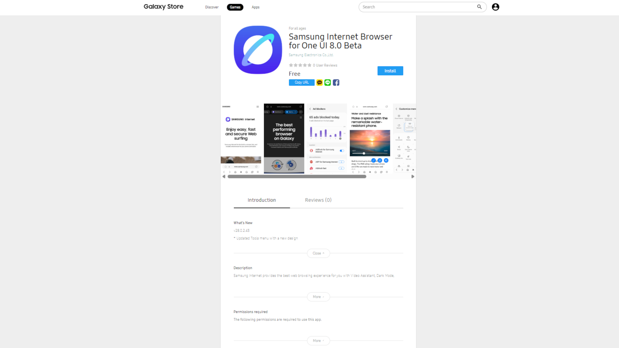 newly listed Samsung internet app for the new foldables