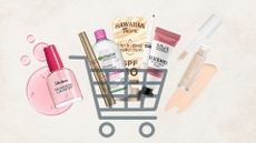 A collage featuring affordably beauty buys from brands including Sally Hansen, L'Or&eacute;al, Garnier, Hawaiian Tropic, MUA and e.l.f., arranged inside a shopping cart illustration and with two products and makeup and nail polish swatches on a cream background.