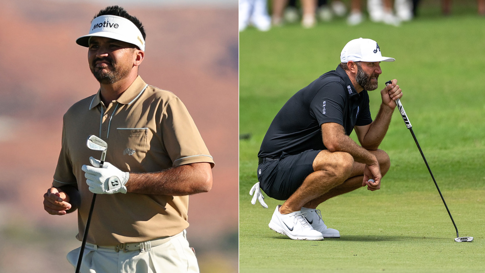 Jason Day walks to the green holding an iron, with Dustin Johnson lining up a putt
