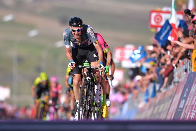 Lotto Fix All's Tim Wellens gets the better of Michael Woods (EF Education First-Drapac) on the uphill finish in Caltagirone to win stage 4 of the 2018 Giro in
