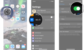 Wi-Fi menu on iPhone: Launch Settings, tap Wi-Fi, and then tap the Wi-Fi On/Off Switch twice.