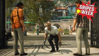 Hitman crouching down as two men look at him.