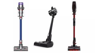 product shots of the Vax Blade 2 Max, Dyson V11 Absolute and Shark DuoClean with Flexology & TruePet cordless vacuum cleaners